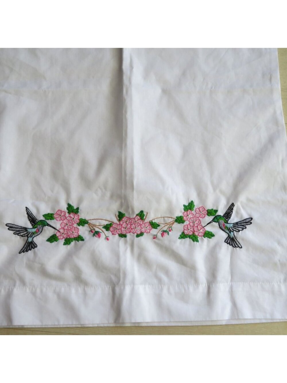 Vintage Hand Embroidered Hummingbird Floral White Pillowcase 20"x30" One Cotton